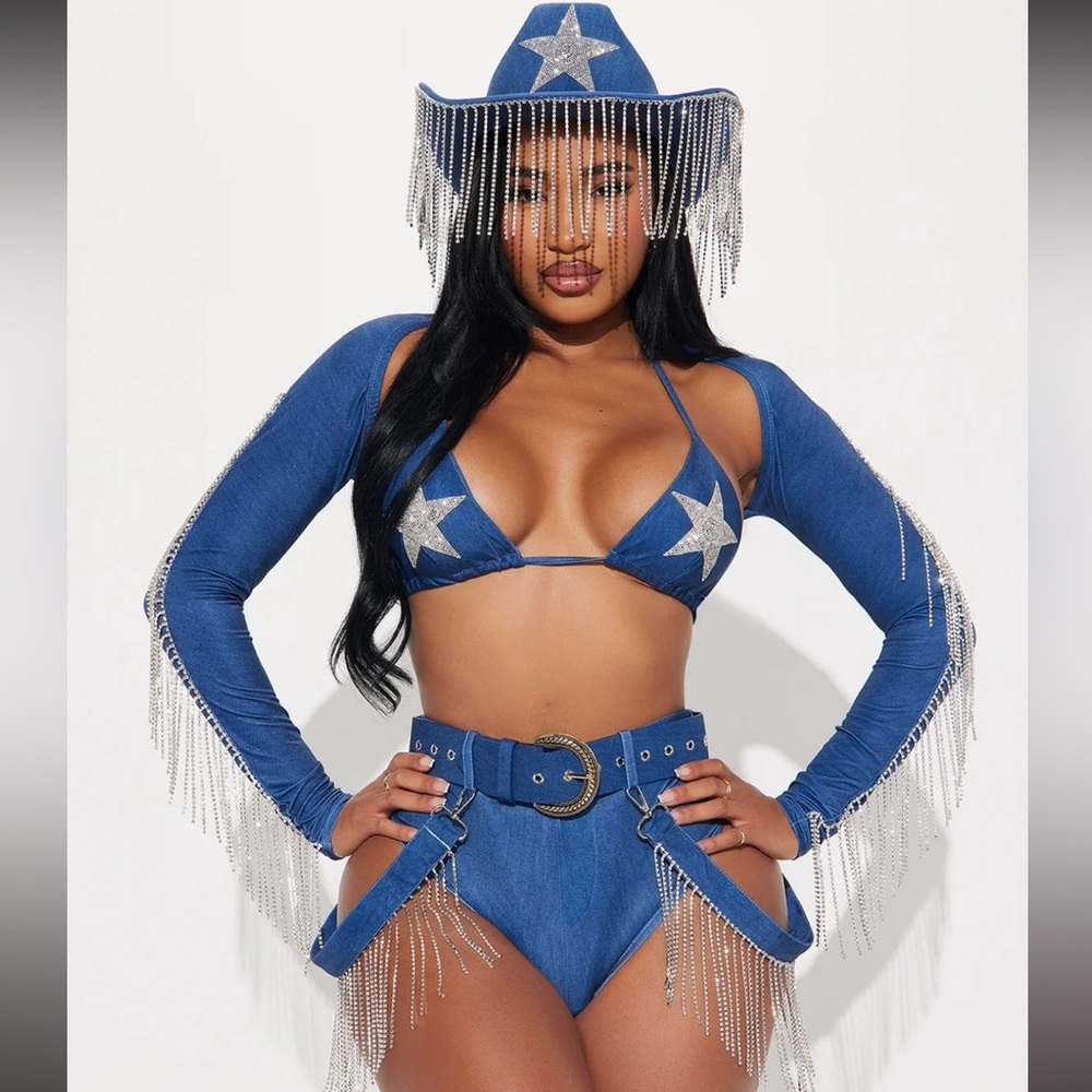 Blue Rhinestone Star cowgirl costume Top with Fringe Shrug